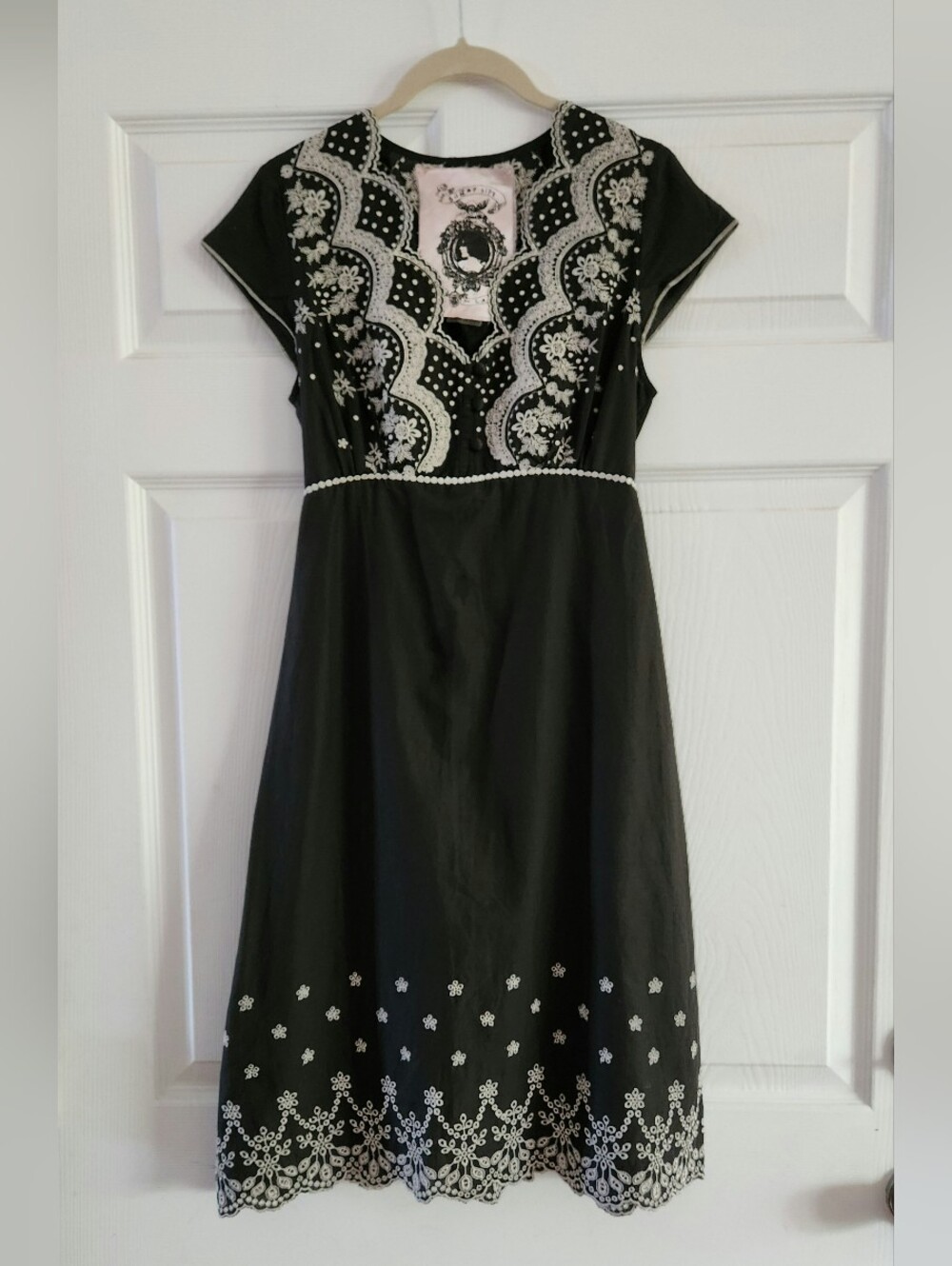 Black Embroidered V-Neck Dress with White Floral Detail